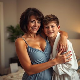 A sexy 45-year-old woman with short brunette hair, wearing a baby-doll style blue nightie, hugging a 20-year-old boy