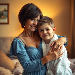 A sexy 45-year-old woman with short brunette hair, wearing a baby-doll style blue nightie, hugging a 20-year-old boy