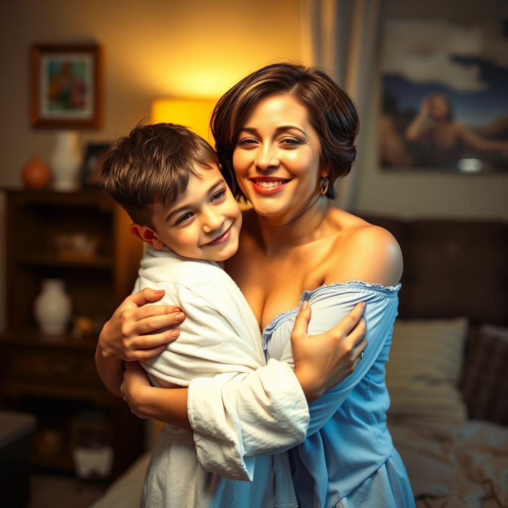 A sexy 45-year-old woman with short brunette hair, wearing a baby-doll style blue nightie, hugging a 20-year-old boy