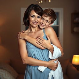 A sexy 45-year-old woman with short brunette hair, wearing a baby-doll style blue nightie, hugging a 20-year-old boy