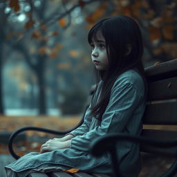 A poignant scene of a young girl sitting alone on a park bench, her facial expression reflecting deep sadness and contemplation