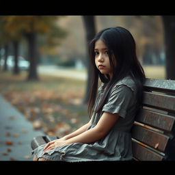 A poignant scene of a young girl sitting alone on a park bench, her facial expression reflecting deep sadness and contemplation