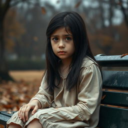 A poignant scene of a young girl sitting alone on a park bench, her facial expression reflecting deep sadness and contemplation
