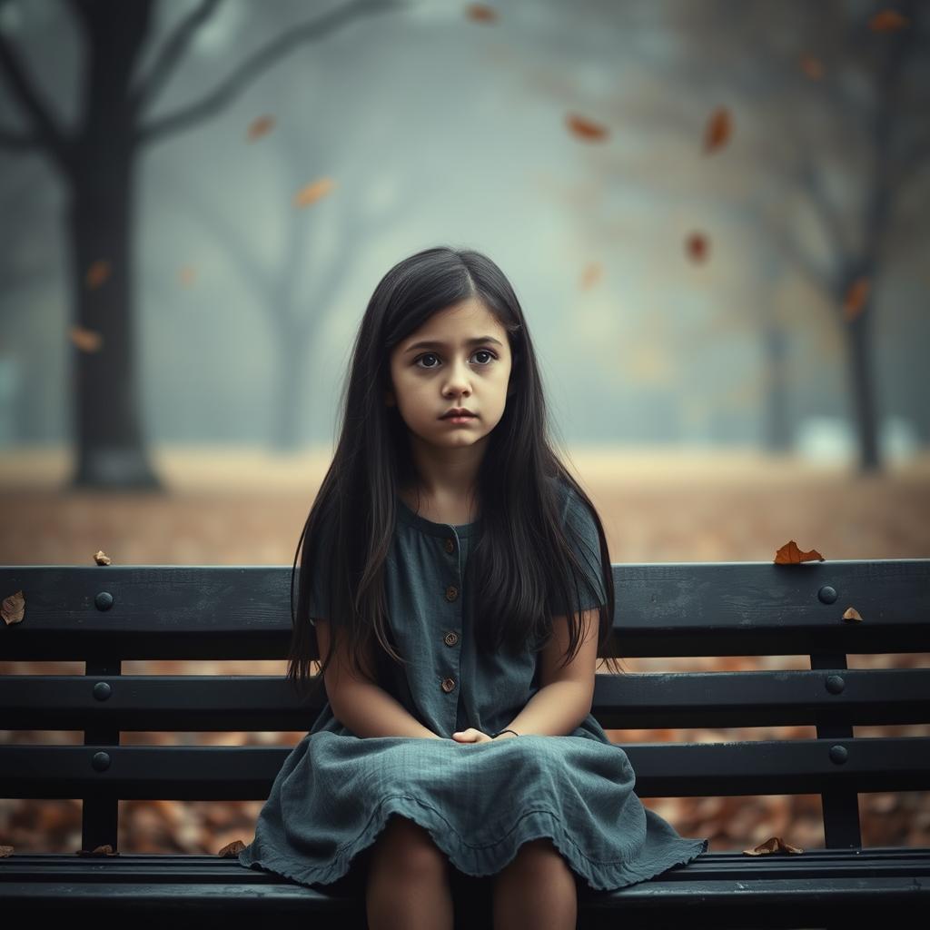 A poignant scene of a young girl sitting alone on a park bench, her facial expression reflecting deep sadness and contemplation