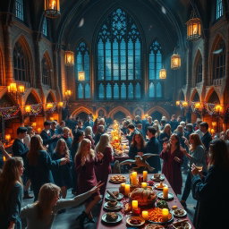 A magical party night scene set in Hogwarts castle, illuminated by floating candles and enchanted fairy lights