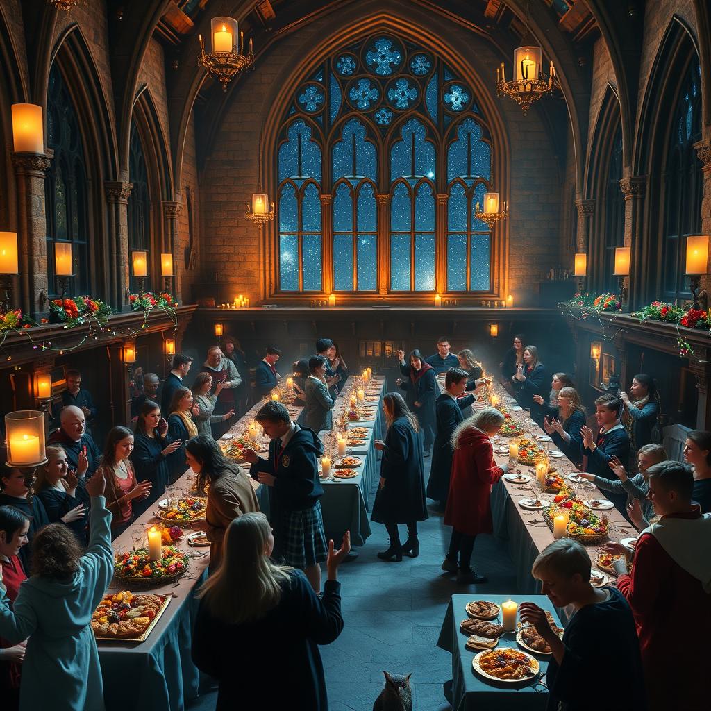 A magical party night scene set in Hogwarts castle, illuminated by floating candles and enchanted fairy lights