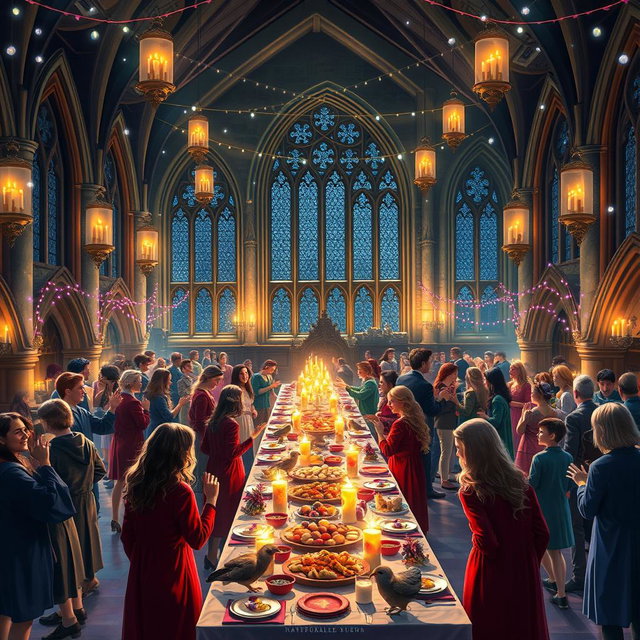 A magical party night scene set in Hogwarts castle, illuminated by floating candles and enchanted fairy lights