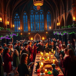 A magical party night scene set in Hogwarts castle, illuminated by floating candles and enchanted fairy lights
