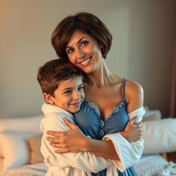A sexy 45-year-old woman with short brunette hair, wearing a baby-doll style blue nightie, hugging a 22-year-old boy