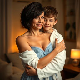 A sexy 45-year-old woman with short brunette hair, wearing a baby-doll style blue nightie, hugging a 22-year-old boy