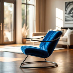 A beautifully designed modern chair, made of sleek black metal with a comfortable, plush velvet seat in a rich royal blue color