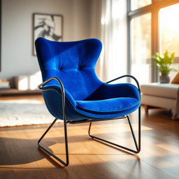 A beautifully designed modern chair, made of sleek black metal with a comfortable, plush velvet seat in a rich royal blue color