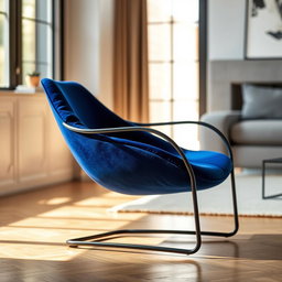 A beautifully designed modern chair, made of sleek black metal with a comfortable, plush velvet seat in a rich royal blue color