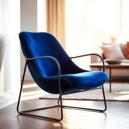 A beautifully designed modern chair, made of sleek black metal with a comfortable, plush velvet seat in a rich royal blue color