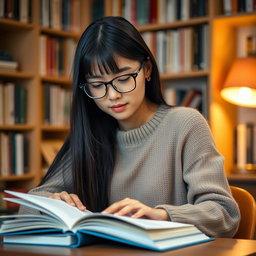 A portrait of a female student with long, straight black hair, wearing stylish glasses
