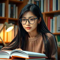 A portrait of a female student with long, straight black hair, wearing stylish glasses