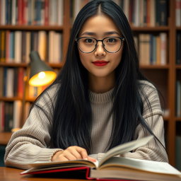 A portrait of a female student with long, straight black hair, wearing stylish glasses