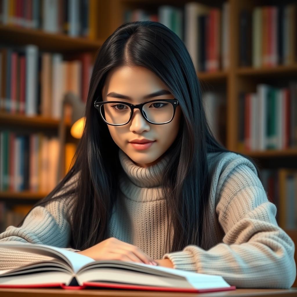 A portrait of a female student with long, straight black hair, wearing stylish glasses