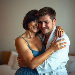 A sexy 45-year-old woman with short brunette hair, wearing a baby-doll style blue nightie, embracing a 22-year-old man