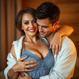 A sexy 45-year-old woman with short brunette hair, wearing a baby-doll style blue nightie, embracing a 22-year-old man