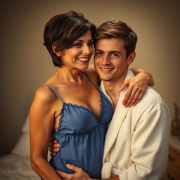 A sexy 45-year-old woman with short brunette hair, wearing a baby-doll style blue nightie, embracing a 22-year-old man