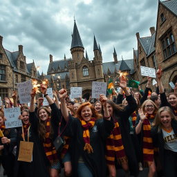 A chaotic scene depicting a spirited girls' riot at Hogwarts, showcasing fierce determination and unity among the students