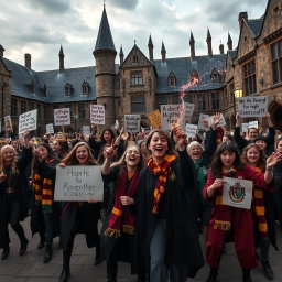A chaotic scene depicting a spirited girls' riot at Hogwarts, showcasing fierce determination and unity among the students