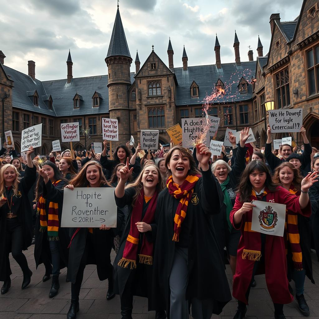 A chaotic scene depicting a spirited girls' riot at Hogwarts, showcasing fierce determination and unity among the students