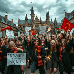 A chaotic scene depicting a spirited girls' riot at Hogwarts, showcasing fierce determination and unity among the students