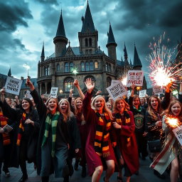 A chaotic scene depicting a spirited girls' riot at Hogwarts, showcasing fierce determination and unity among the students