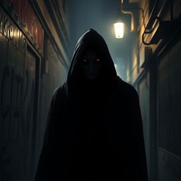 A suspenseful and eerie atmospheric scene depicting a mysterious character named Carbon lurking in the shadows