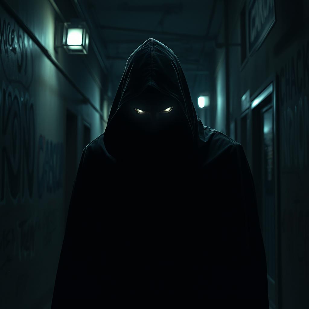 A suspenseful and eerie atmospheric scene depicting a mysterious character named Carbon lurking in the shadows