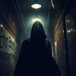 A suspenseful and eerie atmospheric scene depicting a mysterious character named Carbon lurking in the shadows