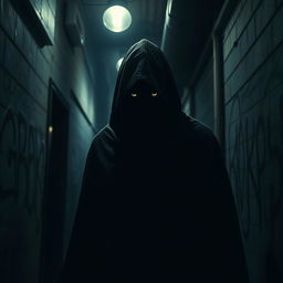 A suspenseful and eerie atmospheric scene depicting a mysterious character named Carbon lurking in the shadows