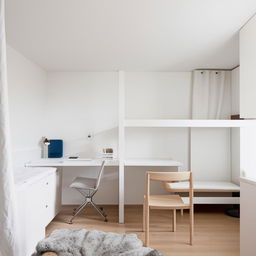 Minimalistic student room with a monochrome color palette, functional furniture such as a study desk and bed, and minimal decor.