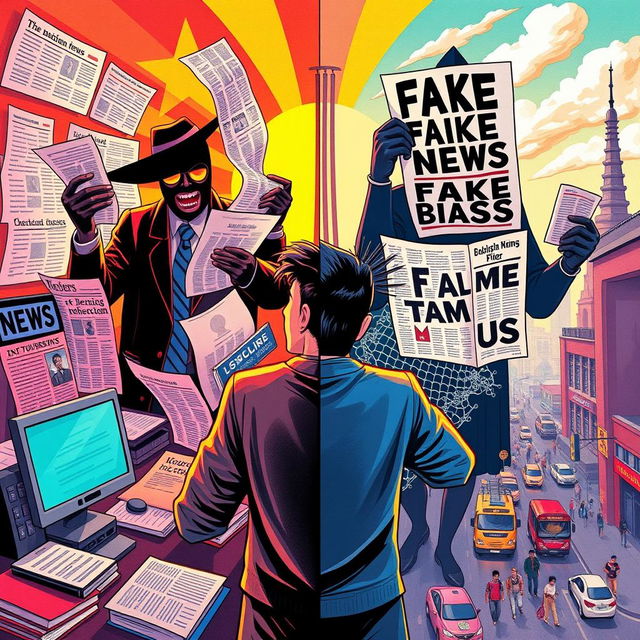 A vibrant and thought-provoking illustration depicting the role of Philippine media in society, showcasing the struggle between credible journalism and fake news