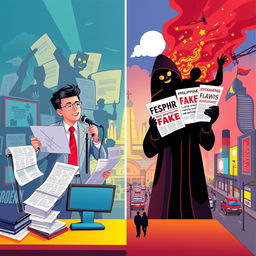 A vibrant and thought-provoking illustration depicting the role of Philippine media in society, showcasing the struggle between credible journalism and fake news