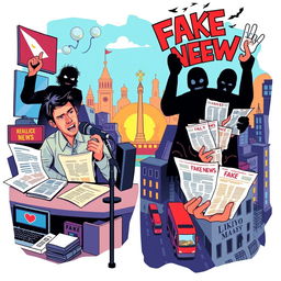 A vibrant and thought-provoking illustration depicting the role of Philippine media in society, showcasing the struggle between credible journalism and fake news