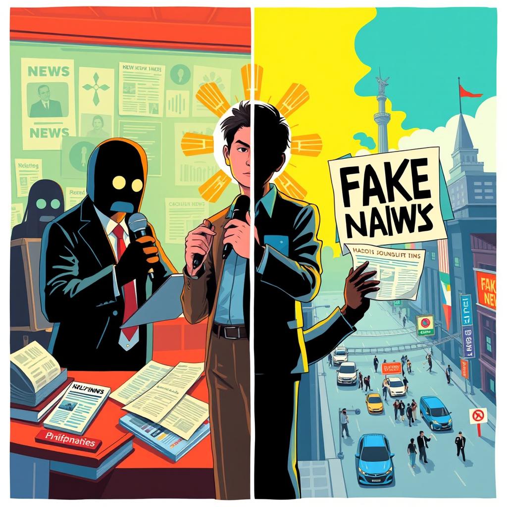 A vibrant and thought-provoking illustration depicting the role of Philippine media in society, showcasing the struggle between credible journalism and fake news