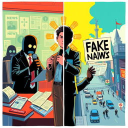 A vibrant and thought-provoking illustration depicting the role of Philippine media in society, showcasing the struggle between credible journalism and fake news