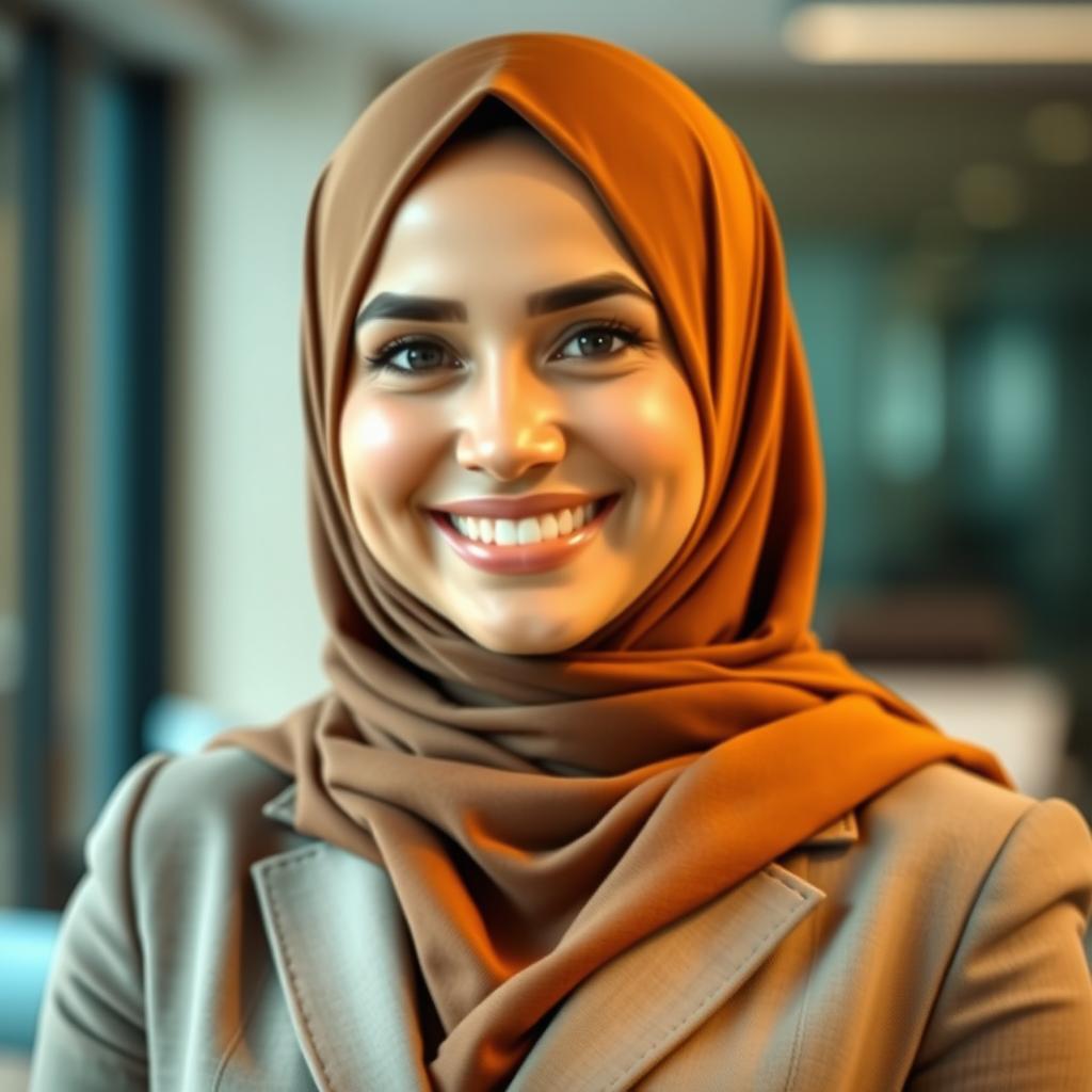 A professional business profile photo featuring a woman wearing a stylish hijab, exuding confidence and professionalism