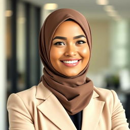 A professional business profile photo featuring a woman wearing a stylish hijab, exuding confidence and professionalism