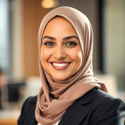 A professional business profile photo featuring a woman wearing a stylish hijab, exuding confidence and professionalism
