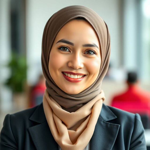 A professional business profile photo featuring a woman wearing a stylish hijab, exuding confidence and professionalism