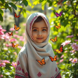 A young girl wearing a niqab, adorned with intricate patterns in traditional colors, standing in a serene garden filled with blooming flowers and lush greenery