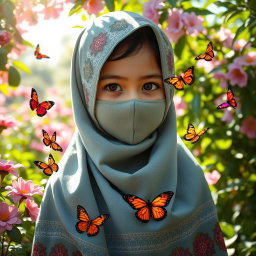 A young girl wearing a niqab, adorned with intricate patterns in traditional colors, standing in a serene garden filled with blooming flowers and lush greenery