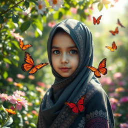 A young girl wearing a niqab, adorned with intricate patterns in traditional colors, standing in a serene garden filled with blooming flowers and lush greenery