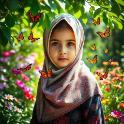 A young girl wearing a niqab, adorned with intricate patterns in traditional colors, standing in a serene garden filled with blooming flowers and lush greenery