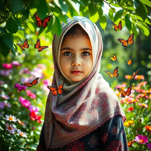 A young girl wearing a niqab, adorned with intricate patterns in traditional colors, standing in a serene garden filled with blooming flowers and lush greenery