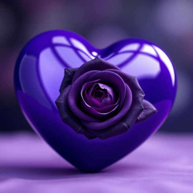 A vibrant violet heart with a beautiful, intense violet rose elegantly placed at the center